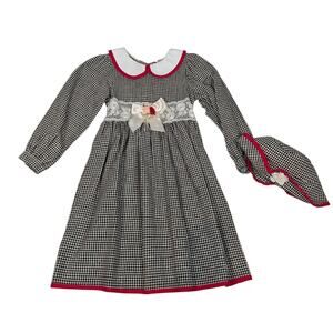 Vintage Girls Gingham Prairie Dress w Bonnet Cottagecore Puff Sleeve Size 10